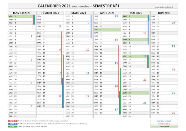 Calendrier 2021 avec semaine - Semestre N°1.