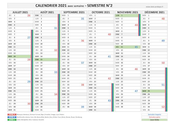 Calendrier 2021 avec semaine - Semestre N°2.