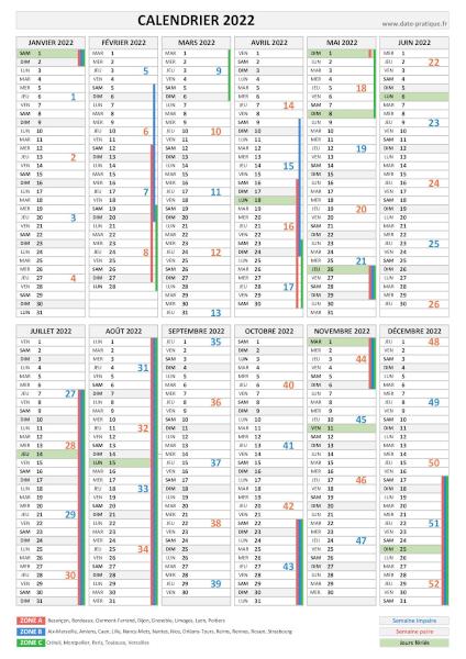 Calendrier 2022 avec semaines numérotées.