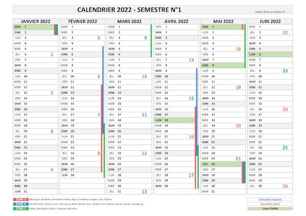 Calendrier 2022 avec semaine - Semestre N°1.
