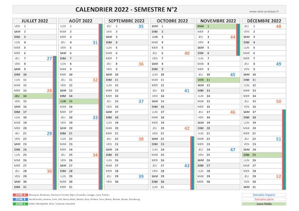 Calendrier 2022 avec semaine - Semestre N°2.