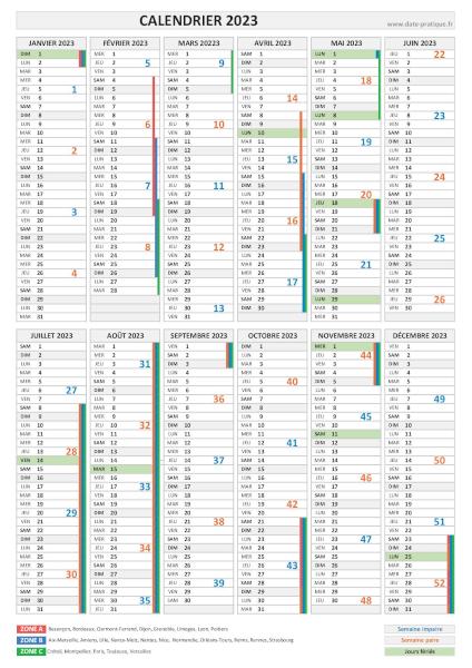 Calendrier 2023 avec semaines numérotées.