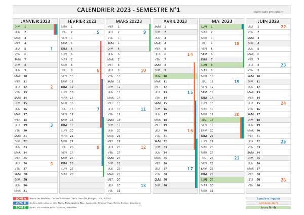 Calendrier 2023 avec semaine - Semestre N°1.