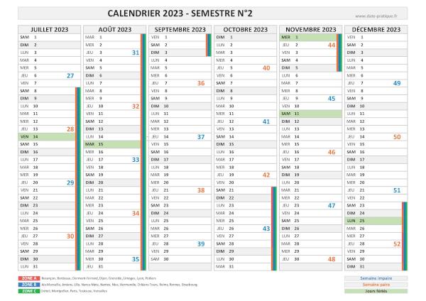 Calendrier 2023 avec semaine - Semestre N°2.