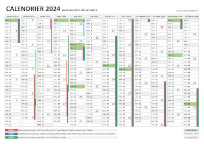 Calendrier 2024 avec numéros de semaine.