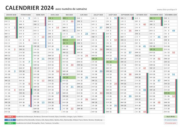 Calendrier 2024 avec numéro de semaine à imprimer.