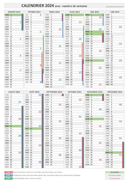 Calendrier 2024 avec semaines numérotées.