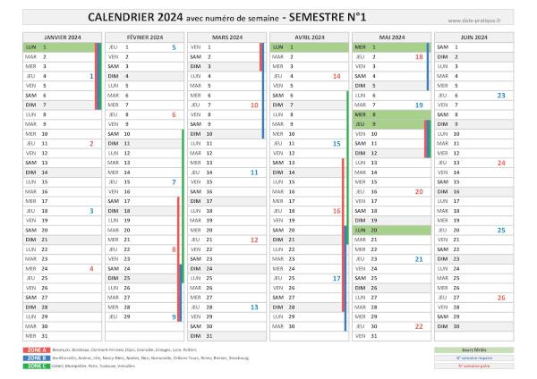 Calendrier 2024 avec semaine - Semestre N°1.
