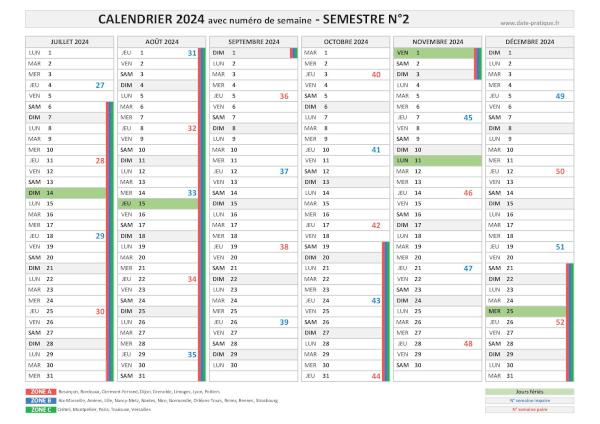 Calendrier 2024 avec semaine - Semestre N°2.