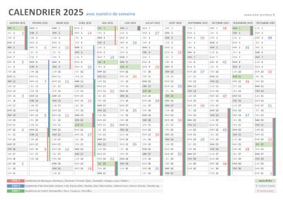 Calendrier 2025 avec numéros de semaine.