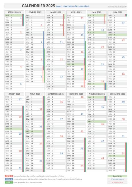 Calendrier 2025 avec semaines numérotées.