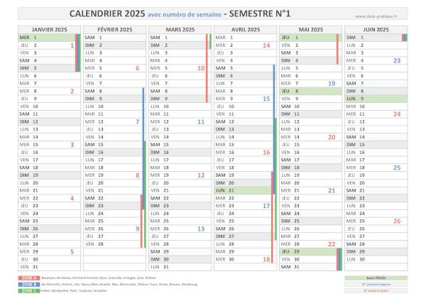 Calendrier 2025 avec semaine - Semestre N°1.
