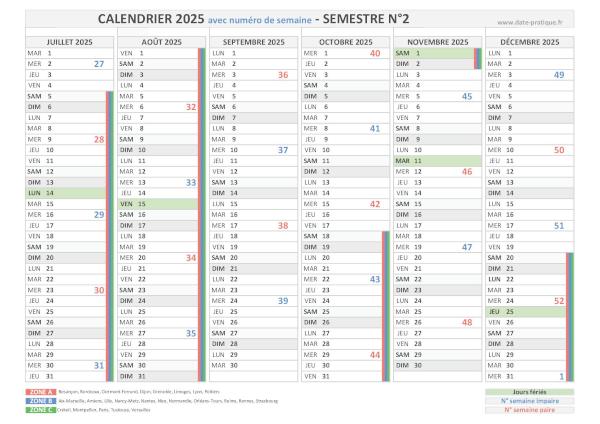 Calendrier 2025 avec semaine - Semestre N°2.