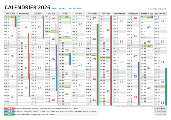 Calendrier 2026 avec numéros de semaine.