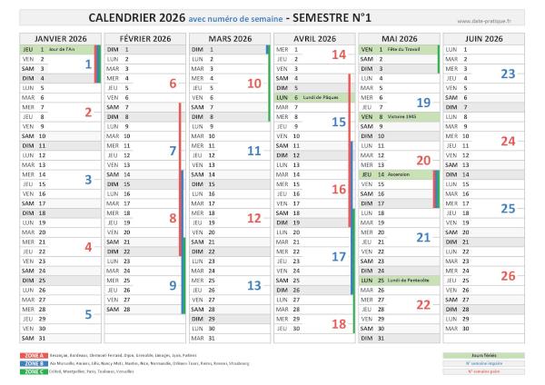 Calendrier 2026 avec semaine - Semestre N°1.