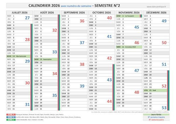 Calendrier 2026 avec semaine - Semestre N°2.