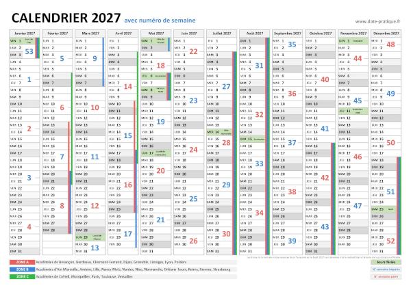 Calendrier 2027 avec numéros de semaine.