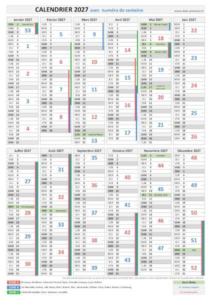Calendrier 2027 avec semaines numérotées.