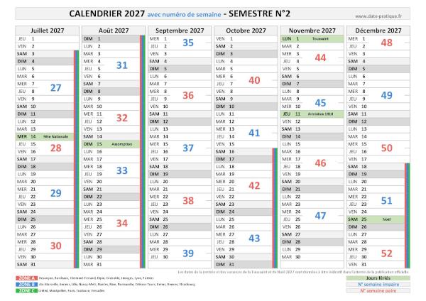 Calendrier 2027 avec semaine - Semestre N°2.