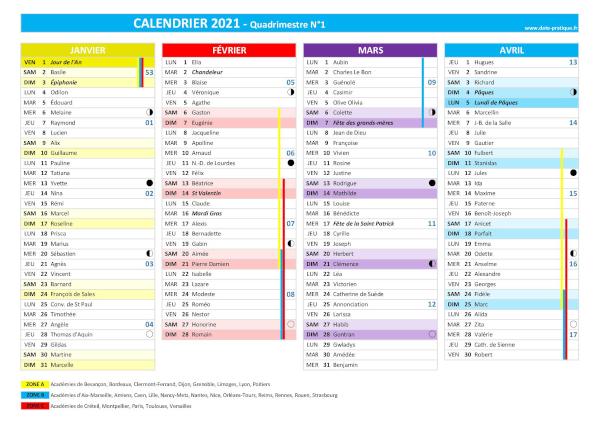 Calendrier 2021 quadrimestre N°1 : mois de janvier, février, mars et avril 2021.