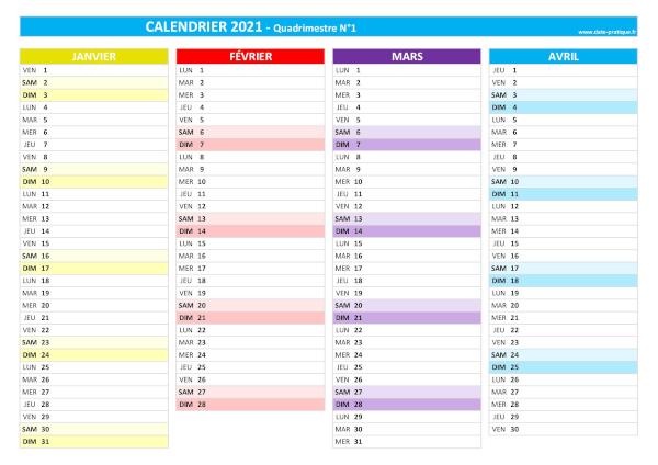 Calendrier 2021 vierge quadrimestre N°1 : mois de janvier, février, mars et avril 2021.