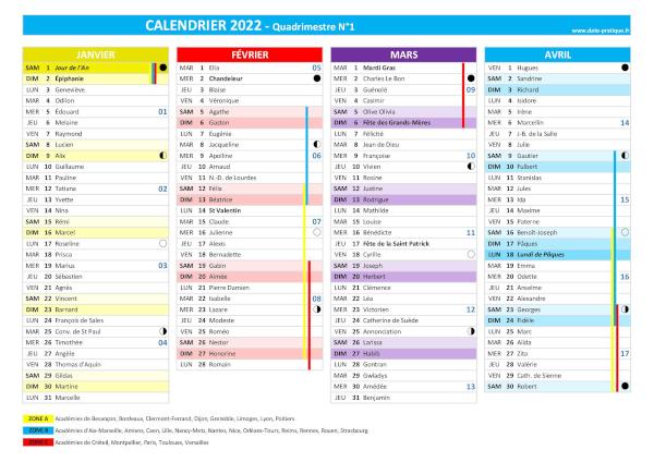 Calendrier 2022 quadrimestre N°1 : mois de janvier, février, mars et avril 2022.