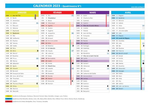 Calendrier 2023 quadrimestre N°1 : mois de janvier, février, mars et avril 2023.