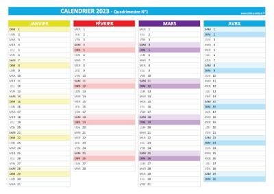 Calendrier 2023 vierge pour les mois de janvier, février, mars et avril 2023.