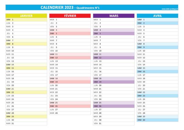 Calendrier 2023 vierge quadrimestre N°1 : mois de janvier, février, mars et avril 2023.
