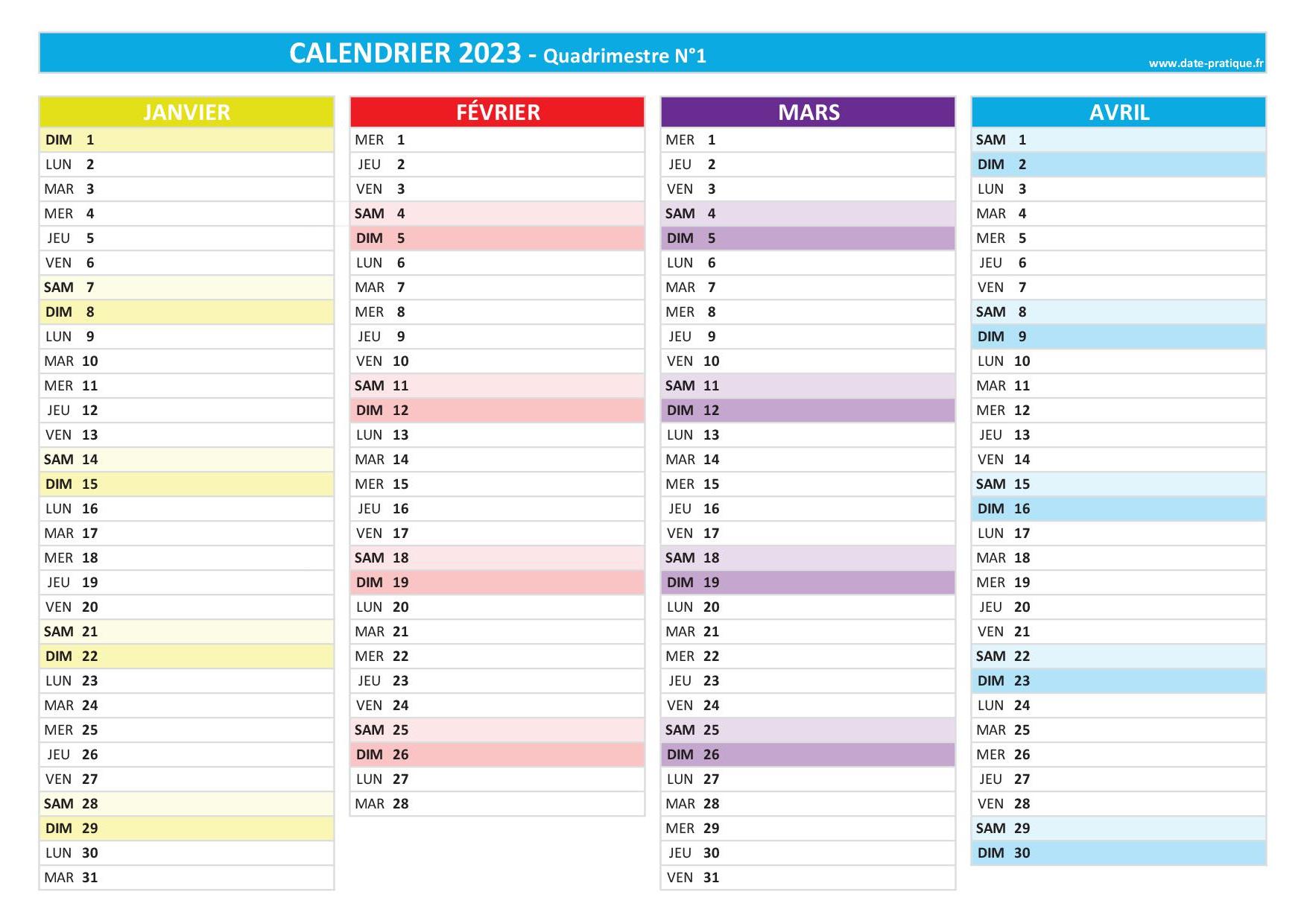 Calendrier quadrimestriel 2023 à imprimer - Quadrimestre N°1.