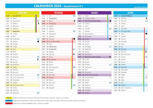 Calendrier 2024 quadrimestre N°1 : mois de janvier, février, mars et avril 2024.