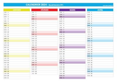 Calendrier 2024 vierge pour les mois de janvier, février, mars et avril 2024.