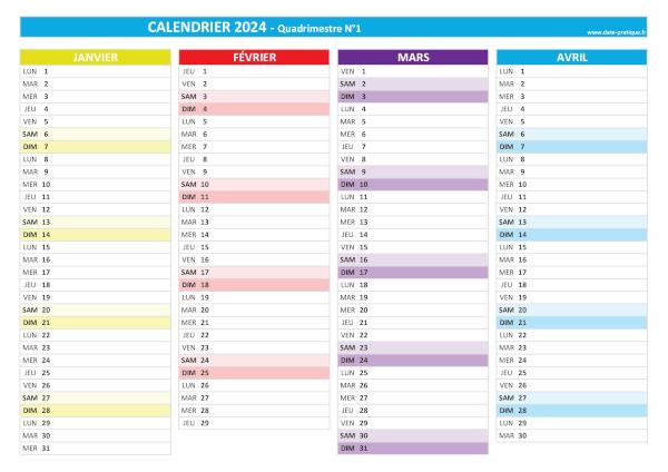 Calendrier 2024 vierge quadrimestre N°1 : mois de janvier, février, mars et avril 2024.