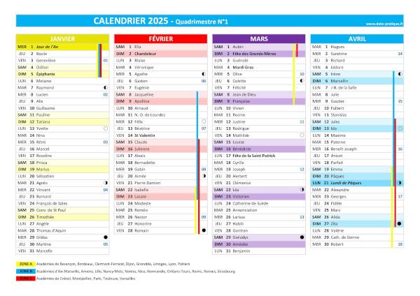 Calendrier 2025 quadrimestre N°1 : mois de janvier, février, mars et avril 2025.