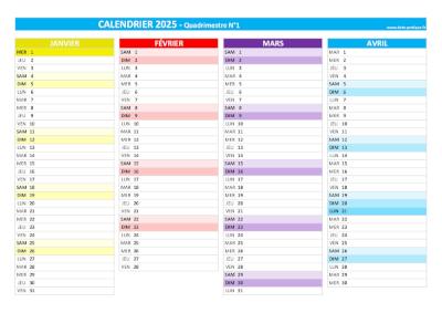 Calendrier 2025 vierge pour les mois de janvier, février, mars et avril 2025.
