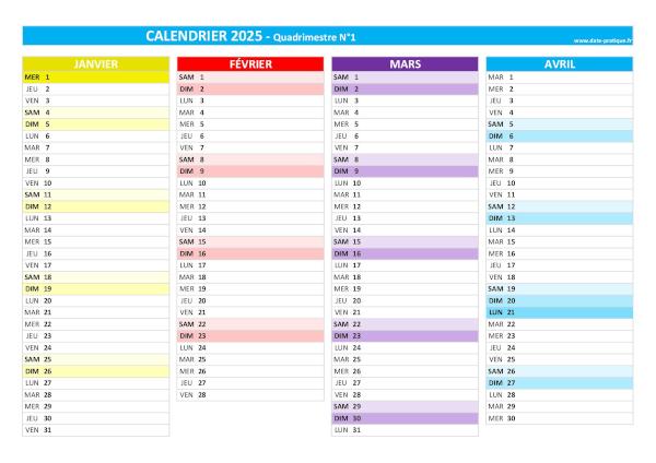 Calendrier 2025 vierge quadrimestre N°1 : mois de janvier, février, mars et avril 2025.
