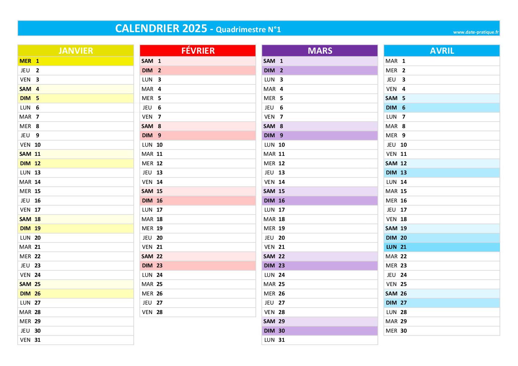 Calendrier quadrimestriel 2025 à imprimer - Quadrimestre N°1.