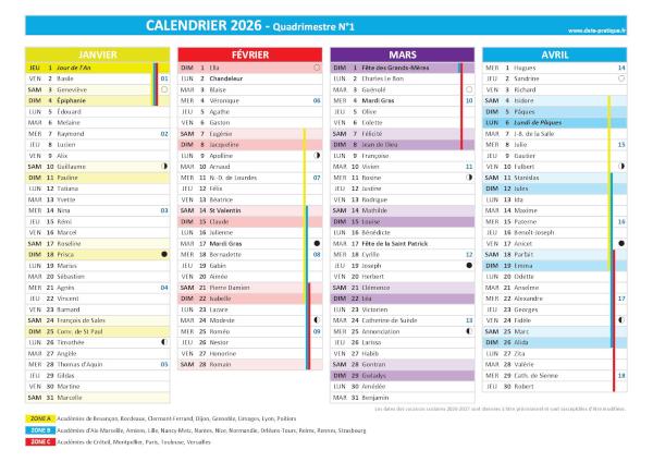 Calendrier 2026 quadrimestre N°1 : mois de janvier, février, mars et avril 2026.
