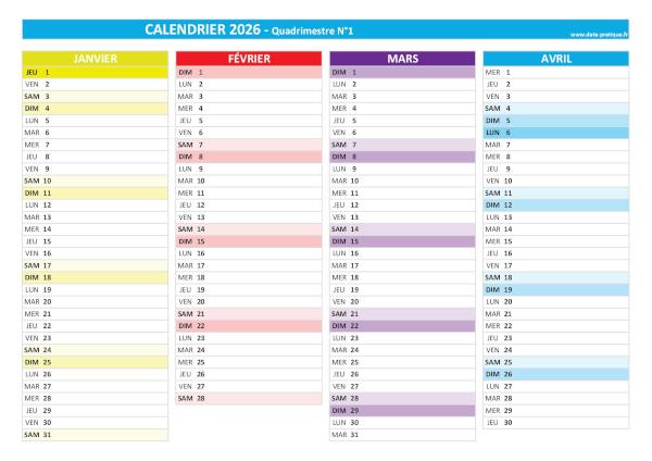 Calendrier 2026 vierge quadrimestre N°1 : mois de janvier, février, mars et avril 2026.