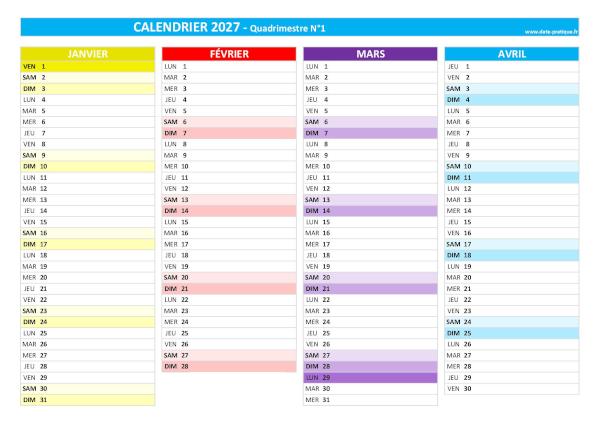 Calendrier 2027 vierge quadrimestre N°1 : mois de janvier, février, mars et avril 2027.