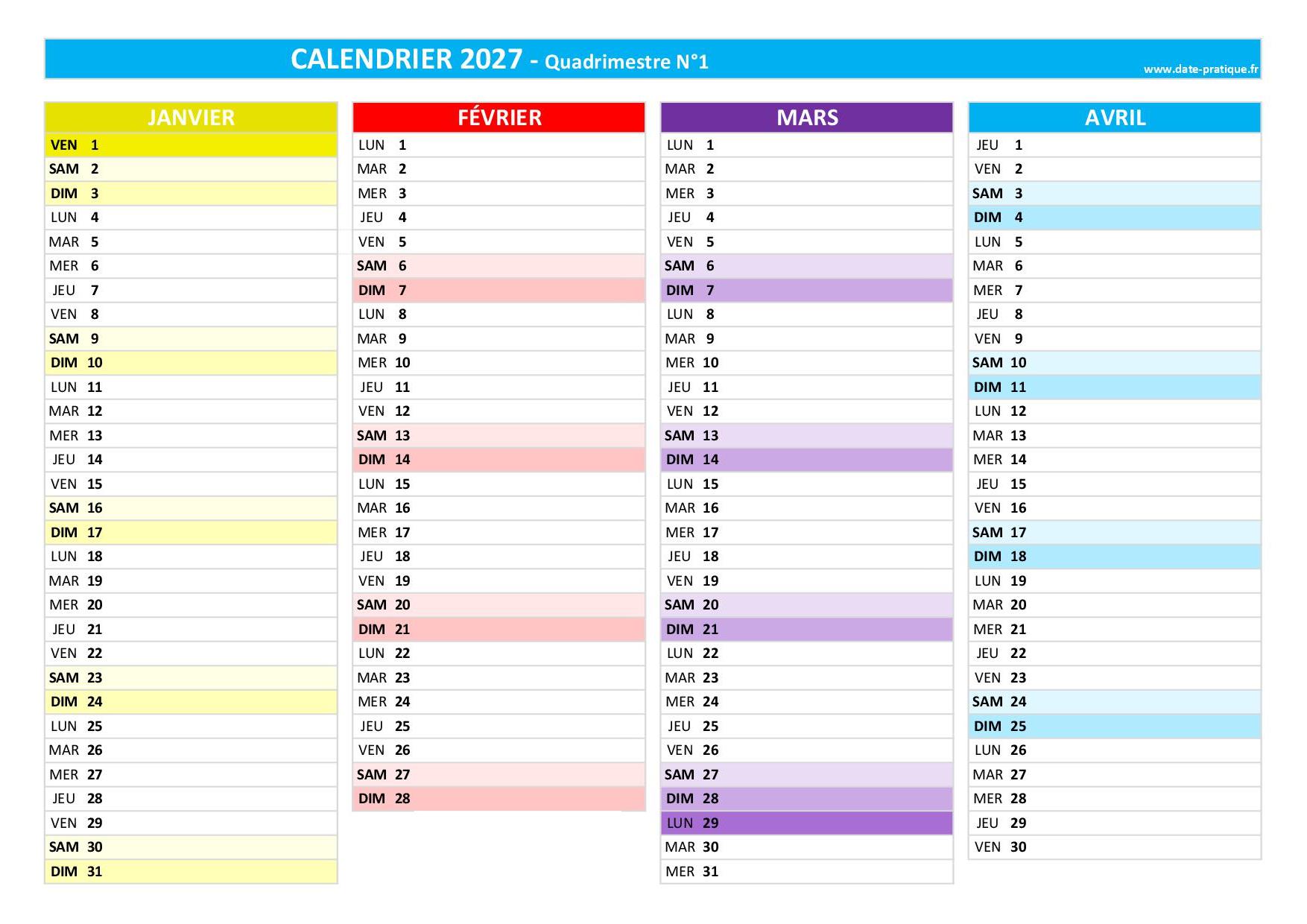 Calendrier quadrimestriel 2027 à imprimer - Quadrimestre N°1.