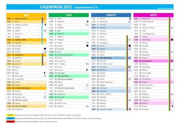 Calendrier 2021 Quadrimestre N°2 : mois de mai, juin, juillet et août 2021.
