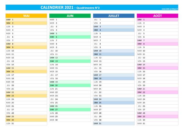 Calendrier 2021 vierge Quadrimestre N°2 : mois de mai, juin, juillet et août 2021.
