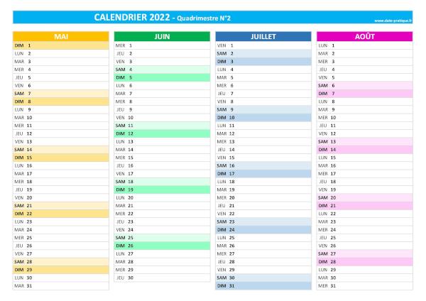 Calendrier 2022 vierge Quadrimestre N°2 : mois de mai, juin, juillet et août 2022.