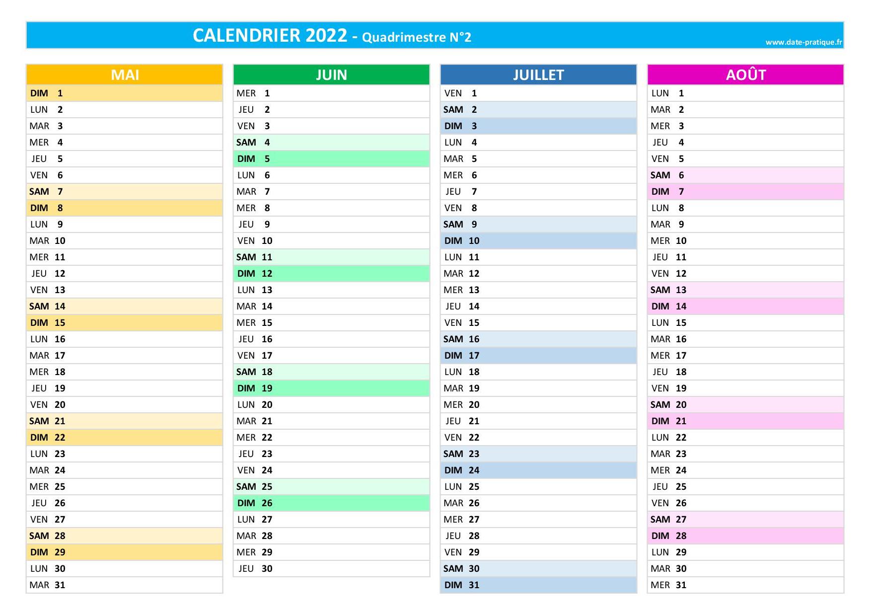 Calendrier quadrimestriel 2022 à imprimer - Quadrimestre N°2.
