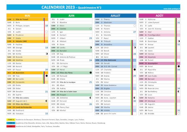 Calendrier 2023 Quadrimestre N°2 : mois de mai, juin, juillet et août 2023.
