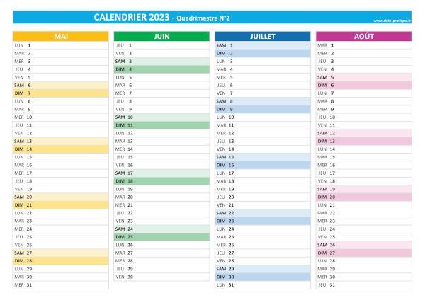 Calendrier 2023 vierge Quadrimestre N°2 : mois de mai, juin, juillet et août 2023.
