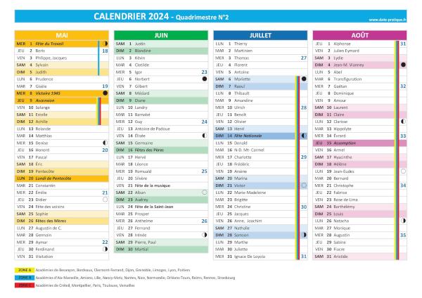 Calendrier 2024 Quadrimestre N°2 : mois de mai, juin, juillet et août 2024.