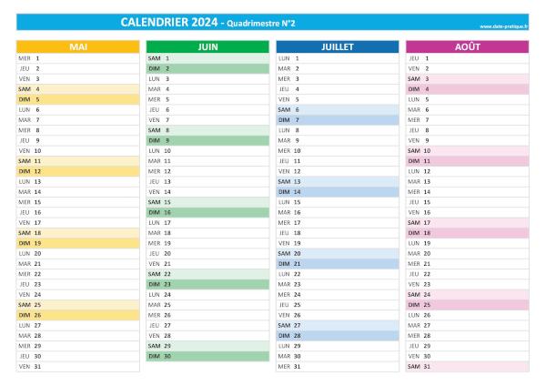 Calendrier 2024 vierge Quadrimestre N°2 : mois de mai, juin, juillet et août 2024.