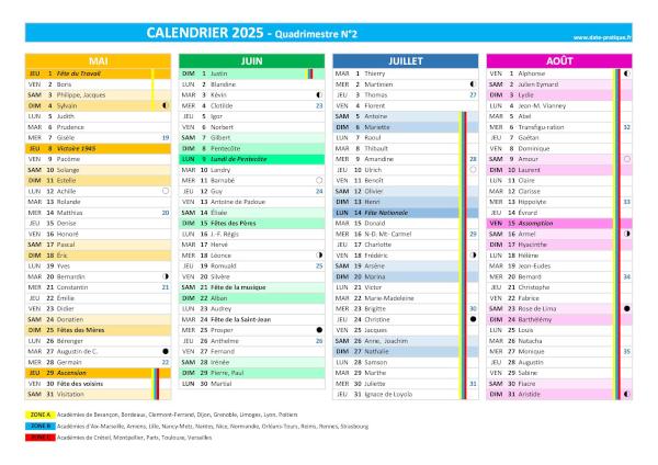Calendrier 2025 Quadrimestre N°2 : mois de mai, juin, juillet et août 2025.
